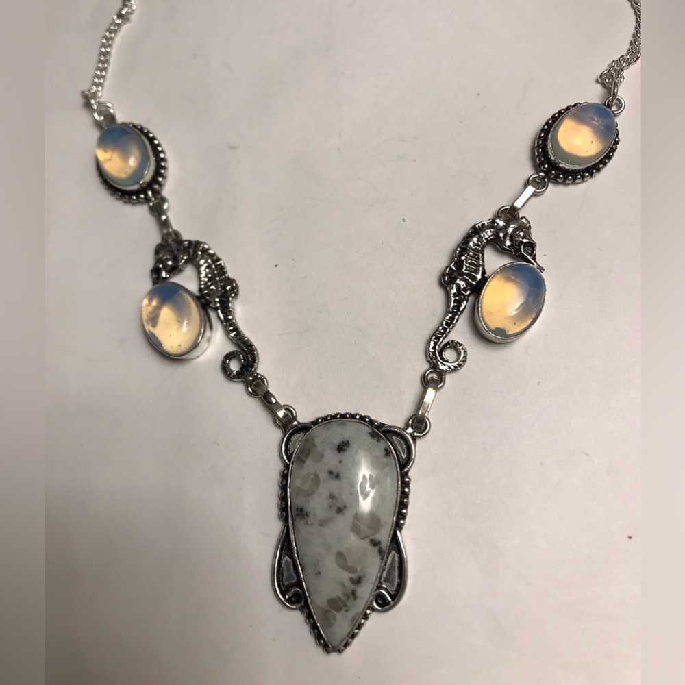 Kiwi Jasper Opalite Stamped 925 Sterling Silver Necklace